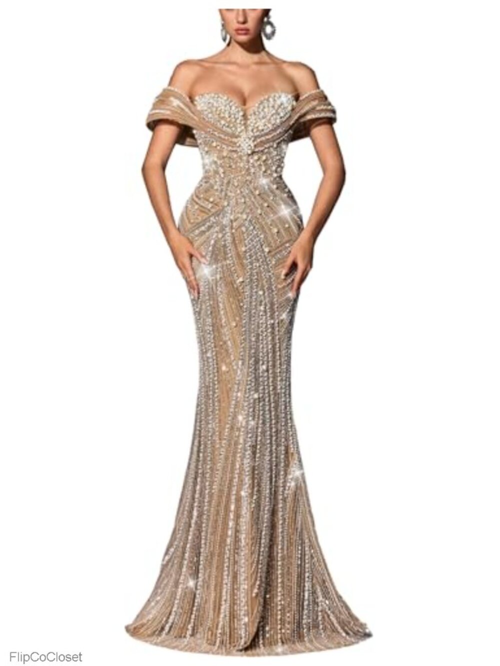 Sequin Beaded Mermaid Prom Dress Off Shoulder Formal Evening Gown Champagne